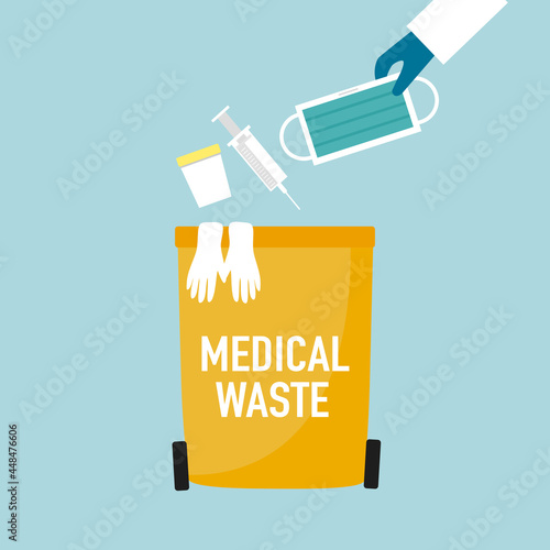 Hospital staff throwing a medical mask into a trash can in flat design. Biological waste garbage bin vector illustration. Medical waste concept. 