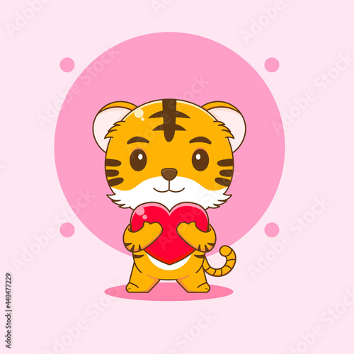 Fototapeta Naklejka Na Ścianę i Meble -  Cute tiger hugging love heart cartoon illustration