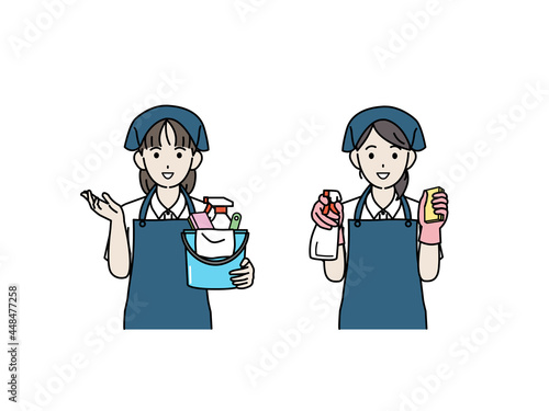クリーニングスタッフ　家政婦　女性　掃除　案内　イラスト素材