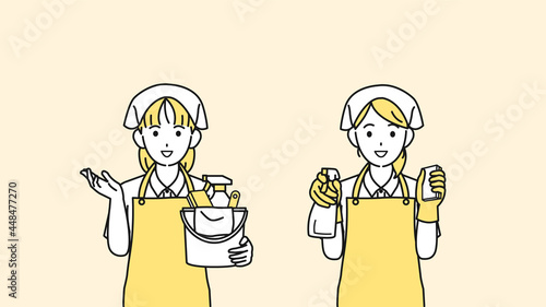 クリーニングスタッフ　家政婦　女性　掃除　案内　イラスト素材