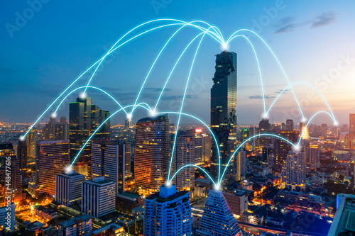 Photography Smart city and communication networking and cityscape background