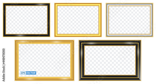 set of realistic gold frame template isolated or gold wood frame retro style or vintage gold photo frame mock up. eps vector