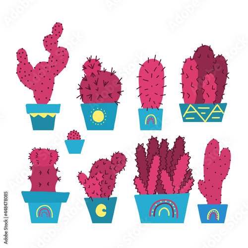Set of unusual hand drawn different cactuses in pots. Home flowers for room decor. Vector cartoon pink potted plants with thorns. Natural elements for stackers and postcards.