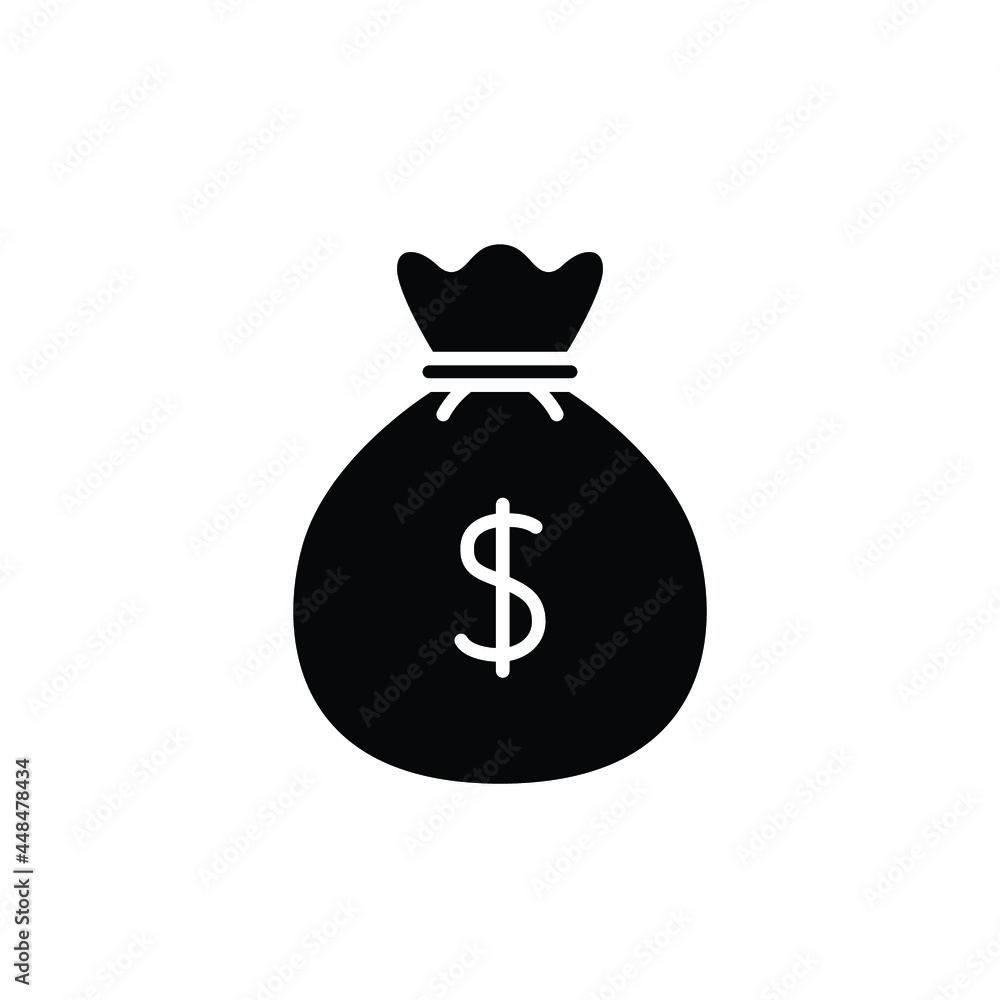 Money bag glyph icon. Simple solid design style. Dollar, moneybag, cash, million, sack concept. Vector illustration isolated on White background. Eps 10. Money bag glyph icon. Simple solid design style. Dollar, moneybag, cash, million, sack concept. Vector illustration isolated on White background. Eps 10.
