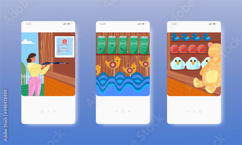 Shooting range or gallery amusement park attraction. Mobile app screens, vector website banner, web site design template