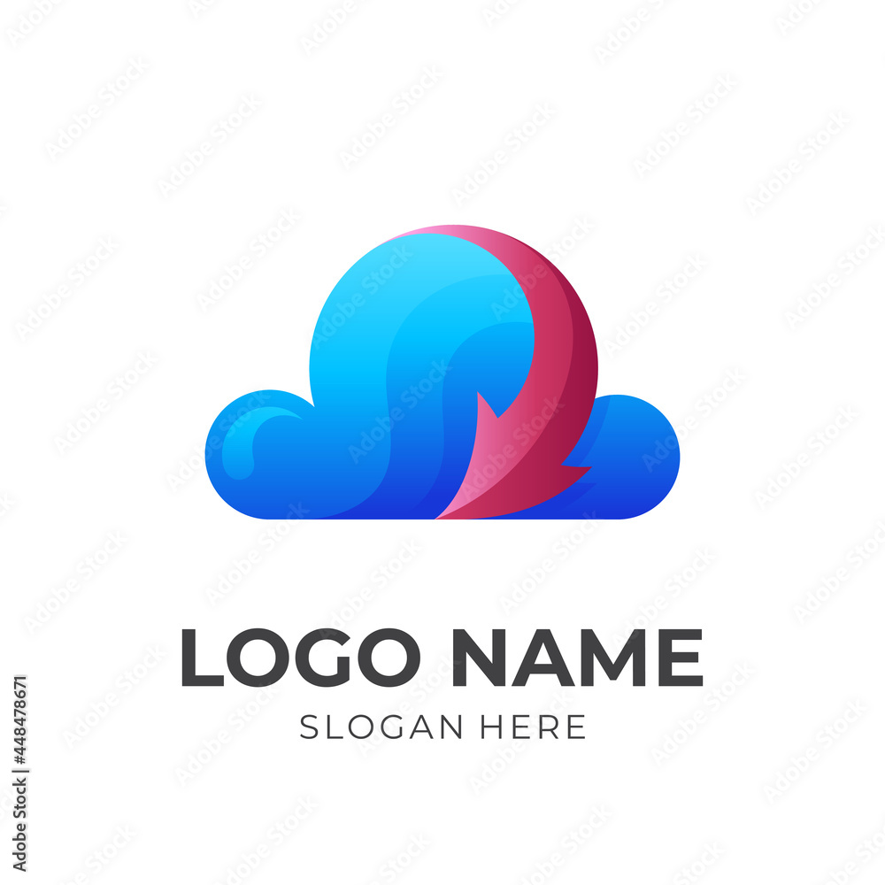 Obraz premium cloud arrow logo design, cloud and arrow, combination logo with 3d blue and red color style