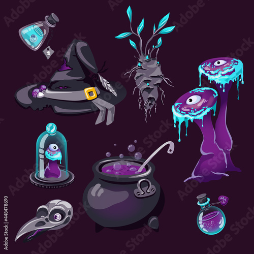 Halloween magic witchcraft items set, cartoon vector illustration isolated.