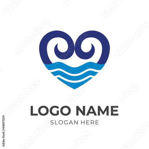 love and water logo concept with flat blue color style