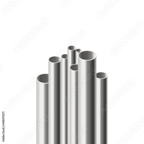 Background with steel chrome pipes of different diameter a 3d vector illustration