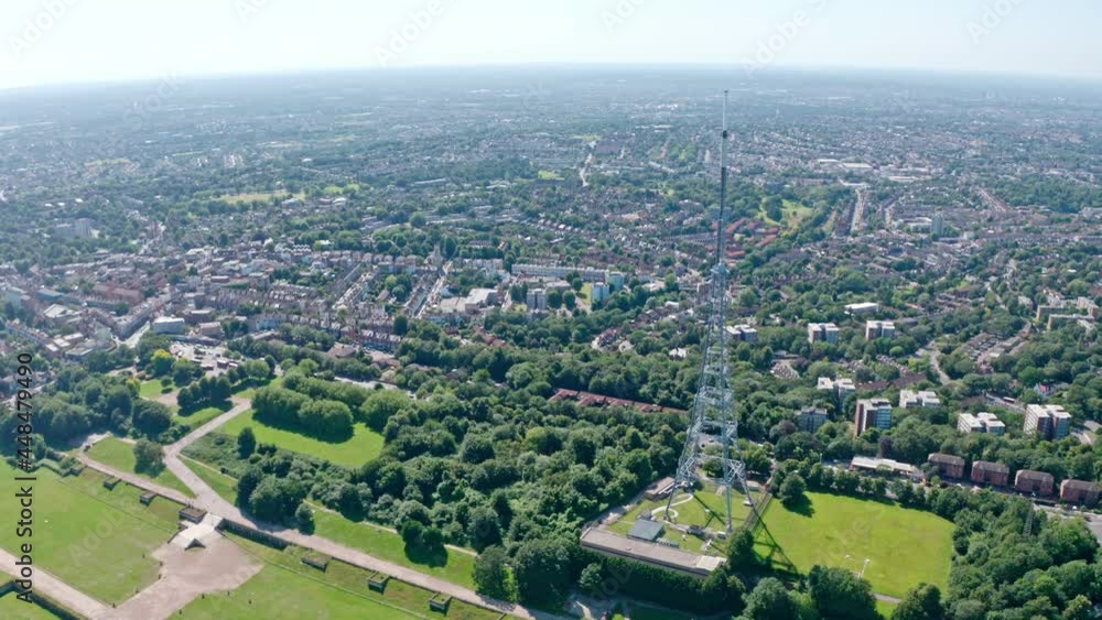 Slow dolly forward drone shot towards Crystal palace radio tower Slow dolly forward drone shot towards Crystal palace radio tower
