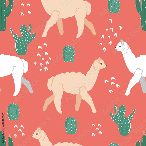Children's seamless pattern with a llama and cacti, hand-drawn elements, cute cartoon style, stylish alpaca pattern, delicate shades, children's texture is great for fabric, vector illustration