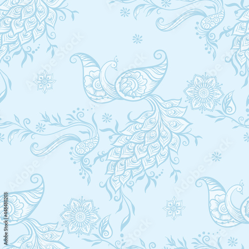 Eastern ethnic style compositions, mehendi, traditional indian henna floral ornament with peacock. Seamless pattern, background in soft pastel colors. Vector illustration..
