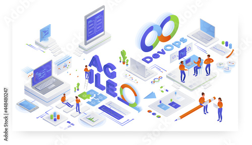 Devops and Agile software development, teamwork, vector isometric illustration.