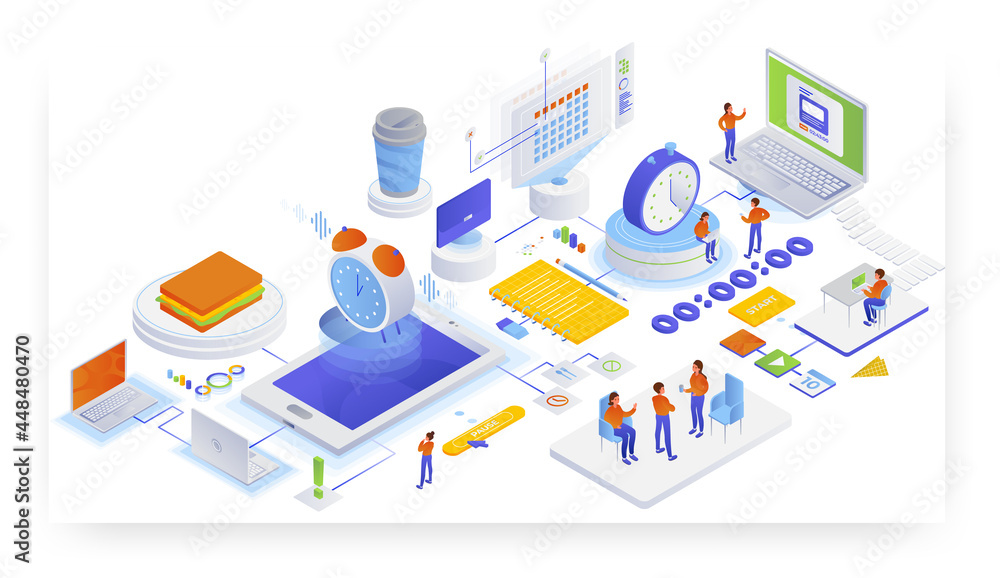 Obraz premium Working time tracking app. Workload management, flat vector isometric illustration.