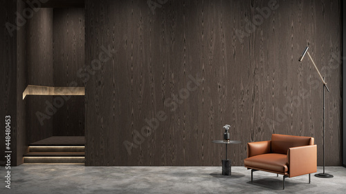 Modern wooden interior with orange armchair, wall panel and decor. 3d render illustration mock up.