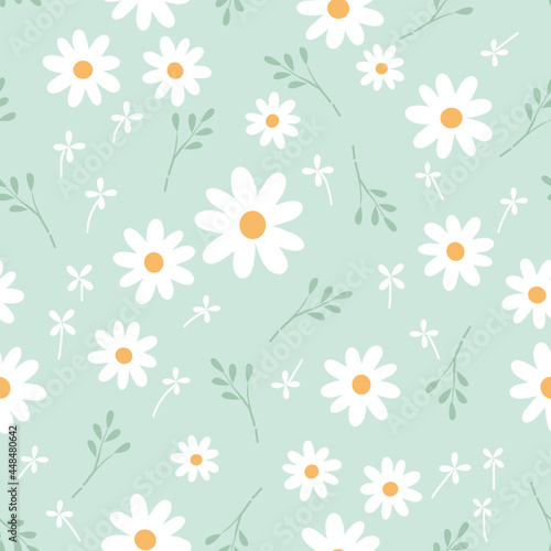 Seamless pattern with daisy flower and green leaves on green background vector illustration. Cute floral print.