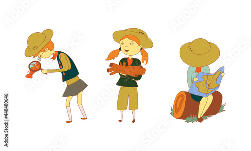 Cute Girl and Boy Junior Scout Watching Map and Butterfly Vector Set