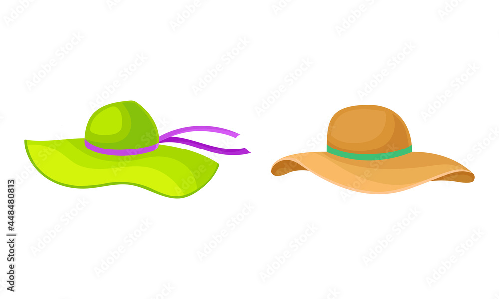 Wide-brimmed Felt or Cloth Hat with Ribbon Vector Set Wide-brimmed Felt or Cloth Hat with Ribbon Vector Set