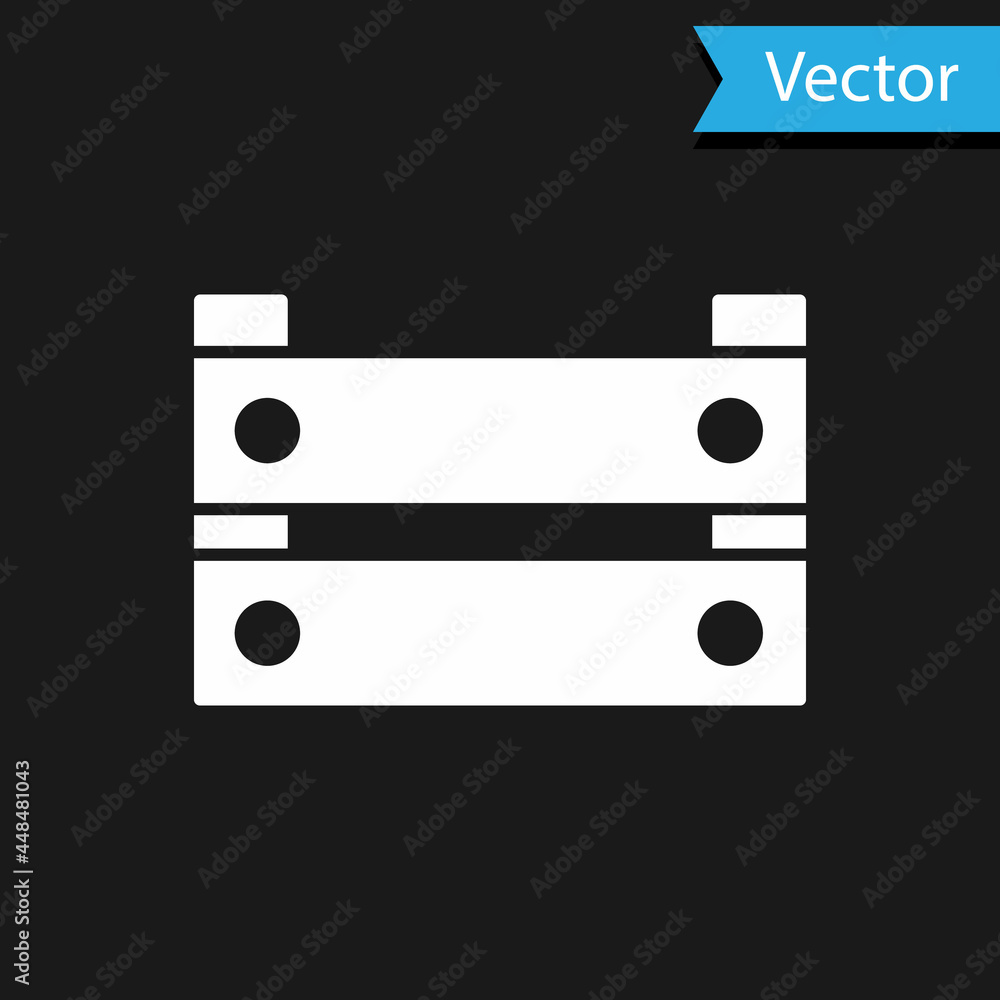 White Wooden box icon isolated on black background. Grocery basket, storehouse crate. Empty wooden container for vegetables, products. Vector White Wooden box icon isolated on black background. Grocery basket, storehouse crate. Empty wooden container for vegetables, products. Vector