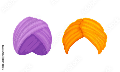 Indian and Arabic Turban as Traditional Headwear of Cloth Winding Vector Set
