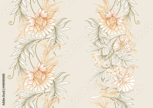 Seamless pattern, background with decorative flowers in art nouveau style, vintage, old, retro style. Vector illustration.