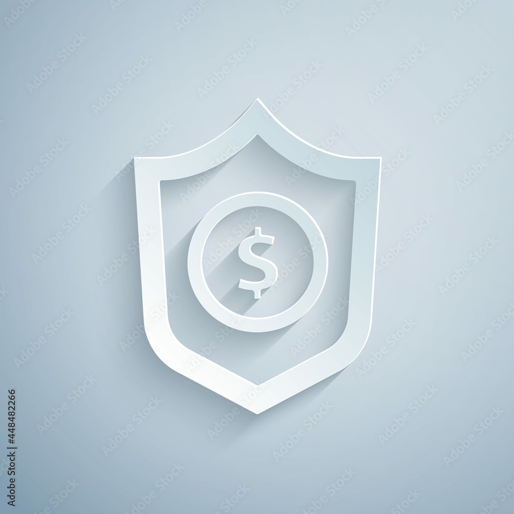 Paper cut Shield with dollar symbol icon isolated on grey background. Security shield protection. Money security concept. Paper art style. Vector. Paper cut Shield with dollar symbol icon isolated on grey background. Security shield protection. Money security concept. Paper art style. Vector.