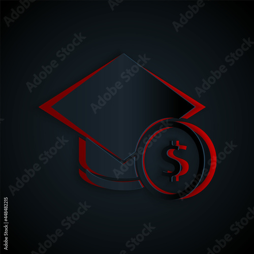 Paper cut Graduation cap and coin icon isolated on black background. Education and money. Concept of scholarship cost or loan, tuition or study fee. Paper art style. Vector.