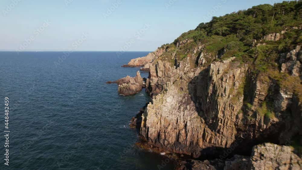 Cinematic fast flying aerial view of coast with cliffs, forest and ocean, Kullaberg Sweden Cinematic fast flying aerial view of coast with cliffs, forest and ocean, Kullaberg Sweden