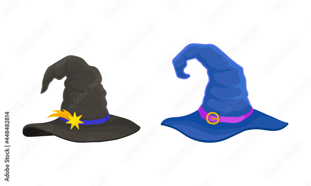 Witch Pointed Hat with Buckle and Wide Brim Vector Set Witch Pointed Hat with Buckle and Wide Brim Vector Set