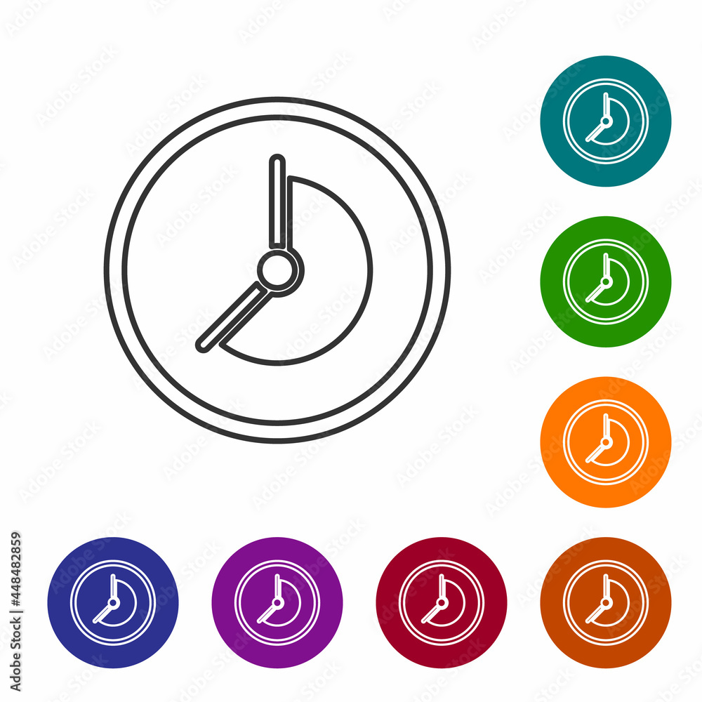 Black line Clock icon isolated on white background. Time symbol. Set icons in color circle buttons. Vector Black line Clock icon isolated on white background. Time symbol. Set icons in color circle buttons. Vector