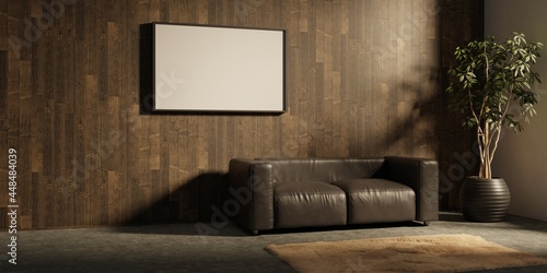 Modern eco-style interior with a space for poster, plant and a wooden floor. Front view. 3d rendering image