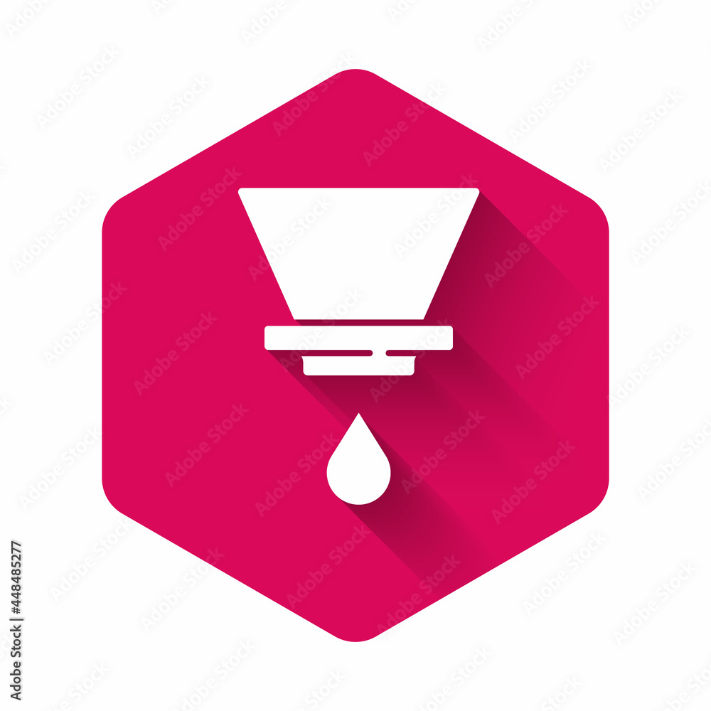 White V60 coffee maker icon isolated with long shadow. Pink hexagon button. Vector White V60 coffee maker icon isolated with long shadow. Pink hexagon button. Vector