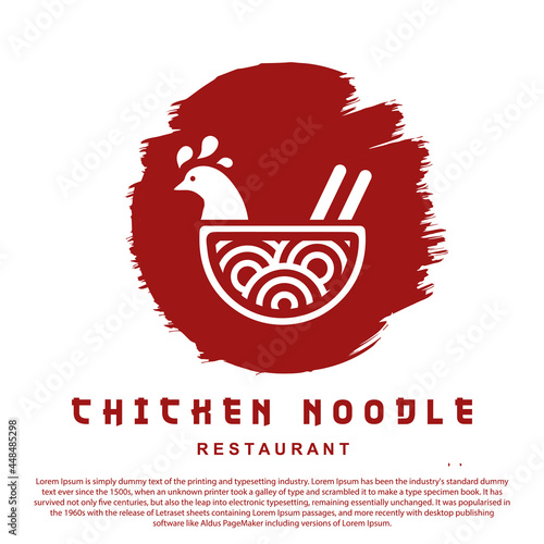 Chicken noodle logo template. Noodle or ramen traditional japanese food with chicken for oriental restaurant or other