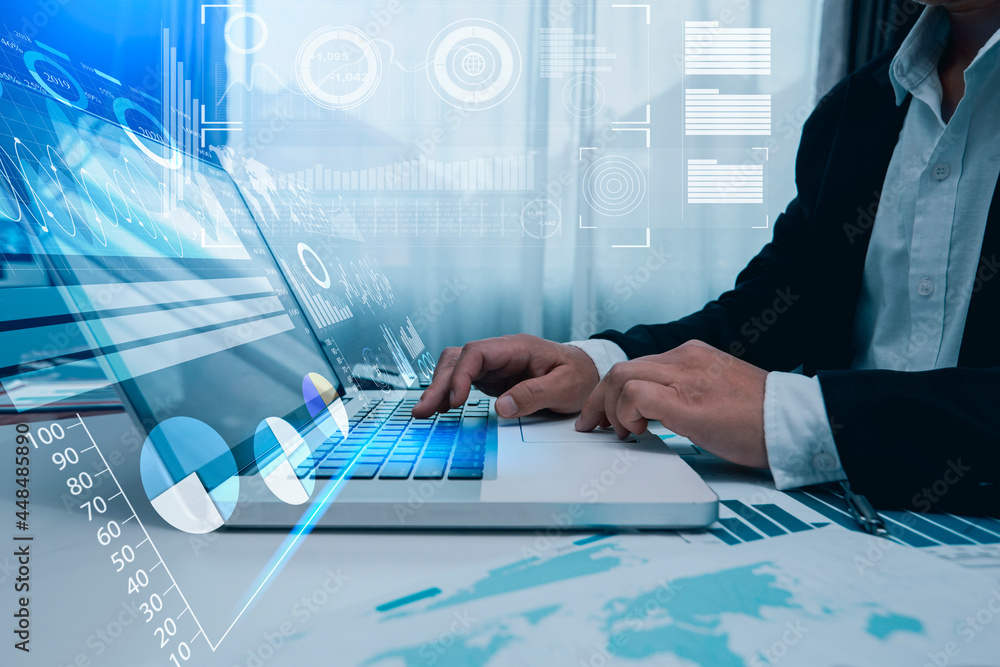 Business Hands Working On Computer. Business and Technology Digital Transformation Concept. Business Hands Working On Computer. Business and Technology Digital Transformation Concept.