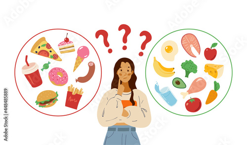 Healthy and unhealthy food. Food choice concept. A young girl makes a choice between fast food, sweet and fatty foods, or natural organic products. Colored flat vector illustration isolated on white