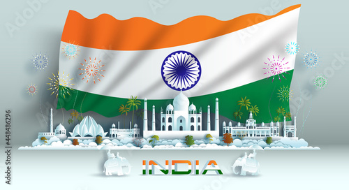Happy independence anniversary celebration national day in India flag background.