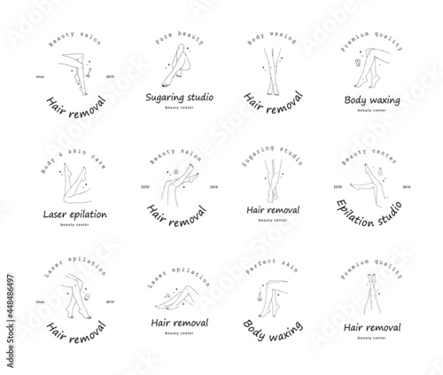 Epilation and cosmetology. Female smooth legs. Hair removal procedure. Skin care and SPA concept. Vector Illustration of elegant feet in a trendy minimalist style. Linear logo.