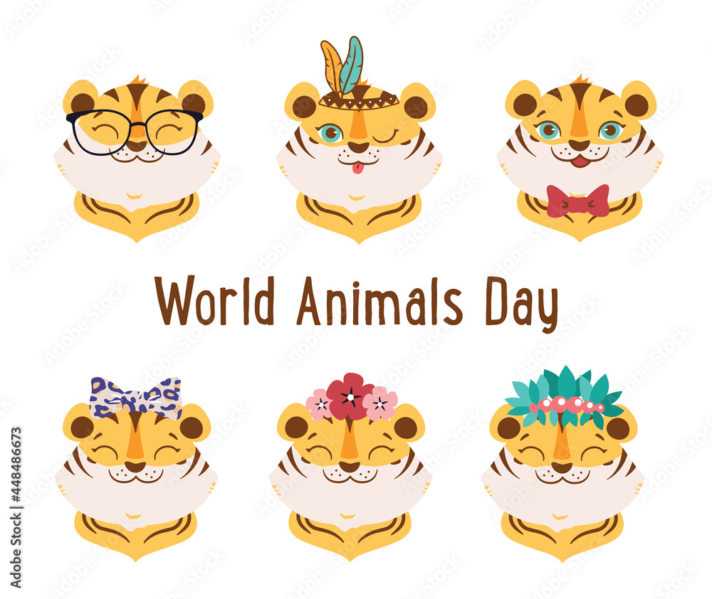 Fototapeta premium The set of cartoon wild animals. The collection tigers faces