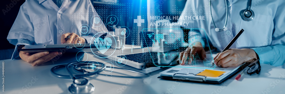 Medicine doctor using digital healthcare and network connection on hologram modern virtual screen interface icons, Medical technology futuristic concept. Medicine doctor using digital healthcare and network connection on hologram modern virtual screen interface icons, Medical technology futuristic concept.