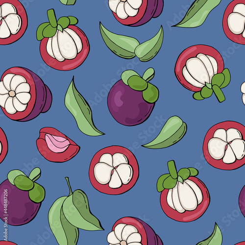 Fototapeta Naklejka Na Ścianę i Meble -  Mangosteen fruit seamless pattern. Design for fabrics, textiles, wallpaper, packaging, cafes.	