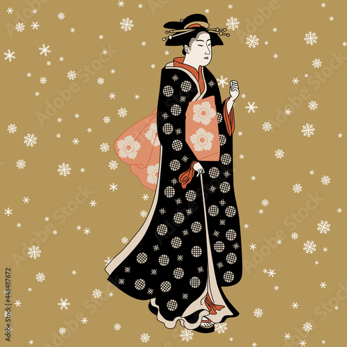 Standing Japanese woman or geisha in kimono under snowflakes. Vintage motif. Cartoon style. Isolated vector illustration. 