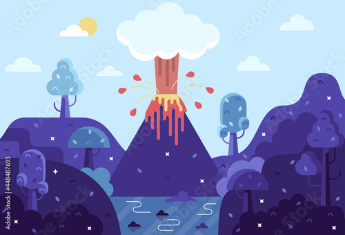 Fototapeta Naklejka Na Ścianę i Meble -  Prehistoric landscape with smoky volcano and mountains, hills, trees and sea. Vector flat illustration