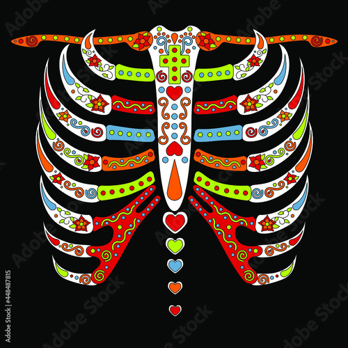 Cartoon skeleton with mexican ornament. Day of the Dead print for clothes. Vector illustration.