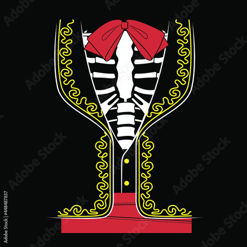 Mexican man's Jacket with a skeleton inside. Day of the death print for t shirt. Vector illustration.