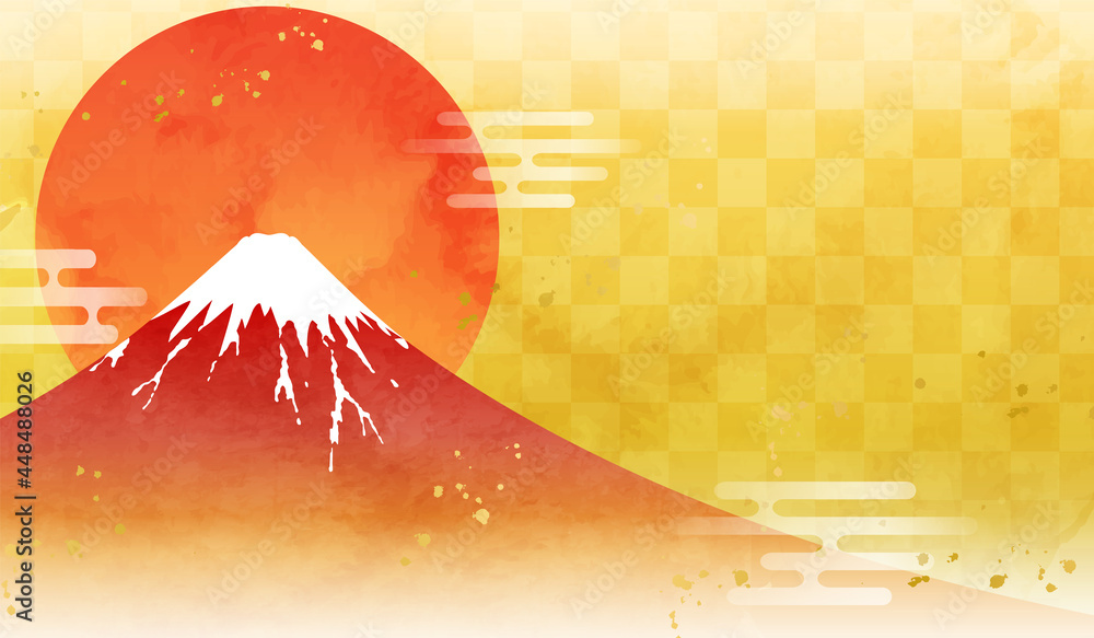 水彩の富士山と初日の出のお正月のベクターイラスト背景 赤富士 赤 朝日 金 市松模様 テクスチャ 日本 年賀状素材 コピースペース Stock Vector Adobe Stock