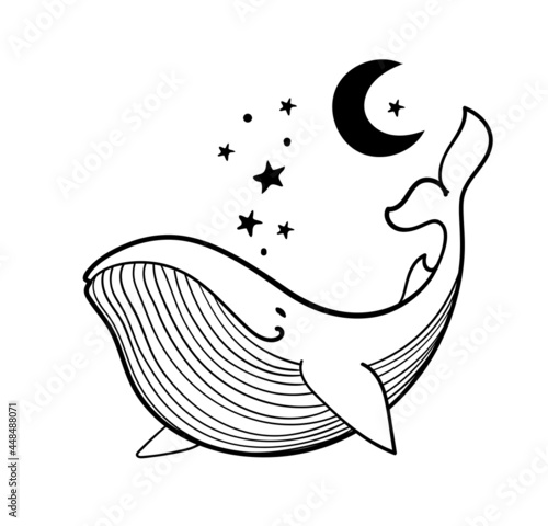 Boho line tattoo, whale with stars and moon, magic hand drawing. Bohemian childish print, mystical vector illustration isolated on white background.