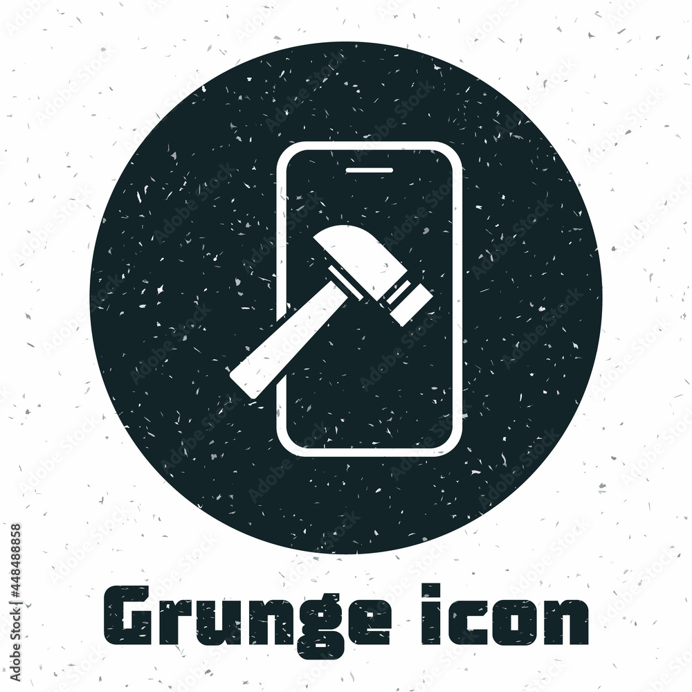 Grunge Smartphone with broken screen icon isolated on white background. Shattered phone screen icon. Monochrome vintage drawing. Vector Grunge Smartphone with broken screen icon isolated on white background. Shattered phone screen icon. Monochrome vintage drawing. Vector