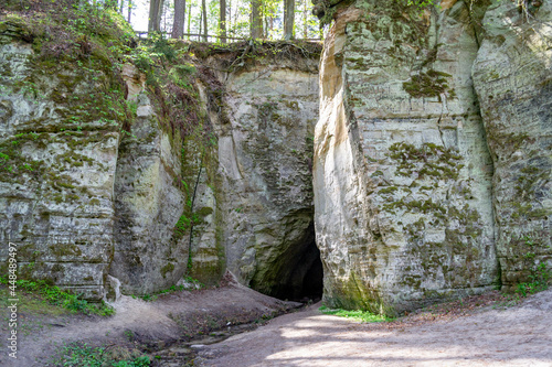 Fragment of sandstone cliff Big Elita with cave. In forest in sunny day. Beautiful spring or early summer background. Green grass and young foliage. photo