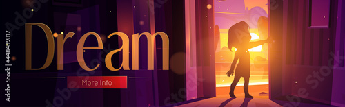 Dream cartoon web banner with child open door