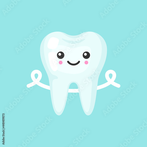 Tooth with a floss with emotional face, cute colorful vector icon illustration. Cartoon flat isolated image